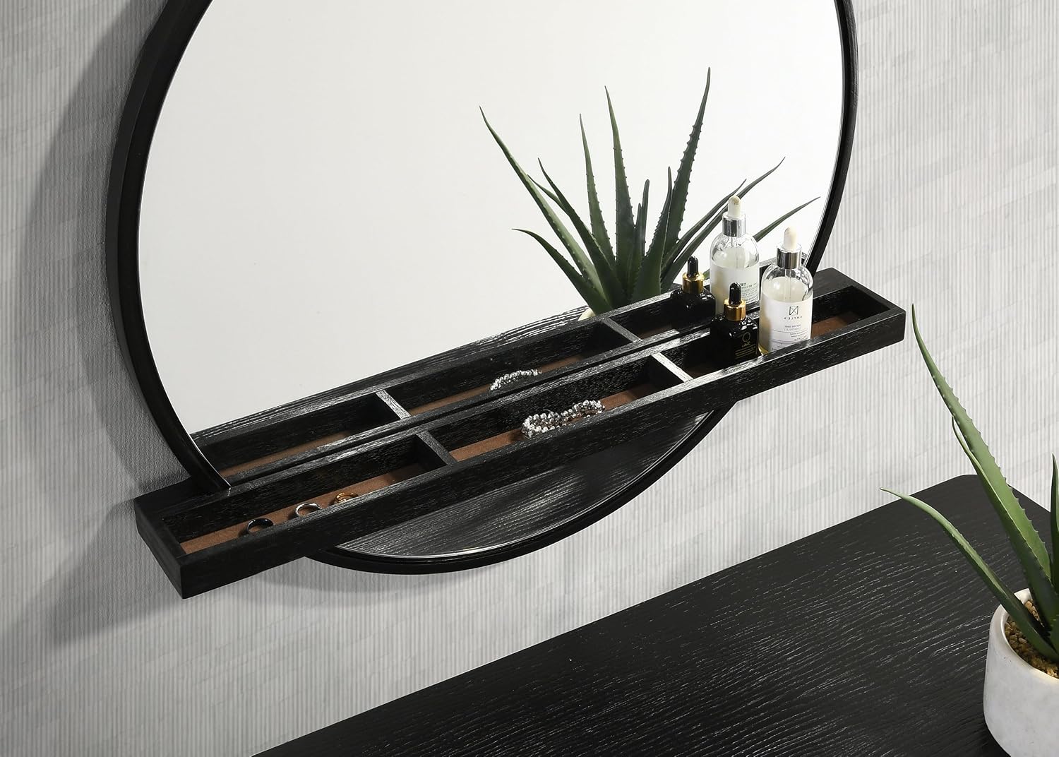 Coaster Home Furnishings Arini Coastal Round Wall Mounted Vanity Mirror for Bedroom with Jewelry Storage Shelf Black 224338