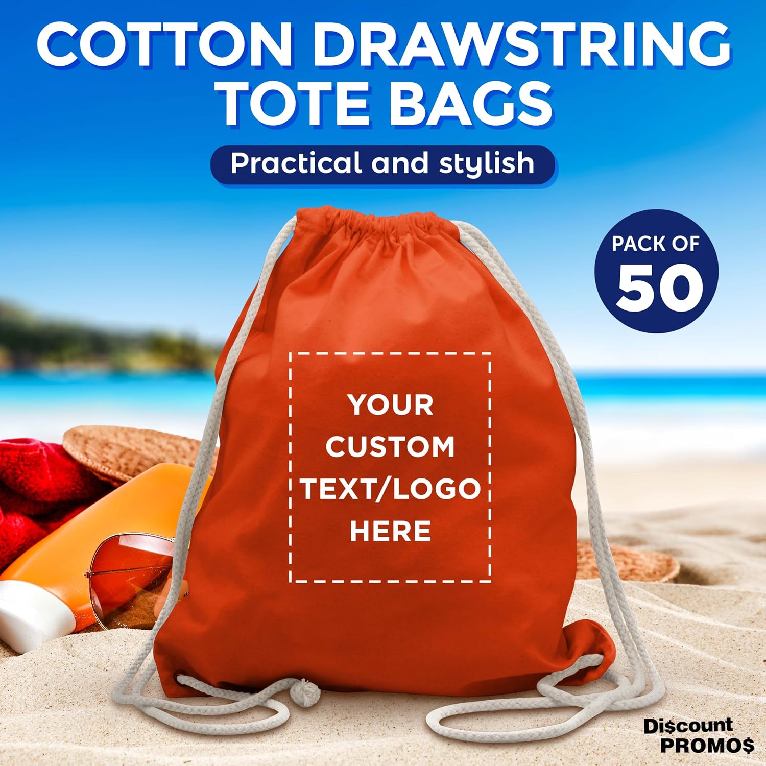DISCOUNT PROMOS Custom Cotton Drawstring Backpacks Set of 50, Personalized Bulk Pack - Bring Everywhere You Go and For Everyday Use - Orange