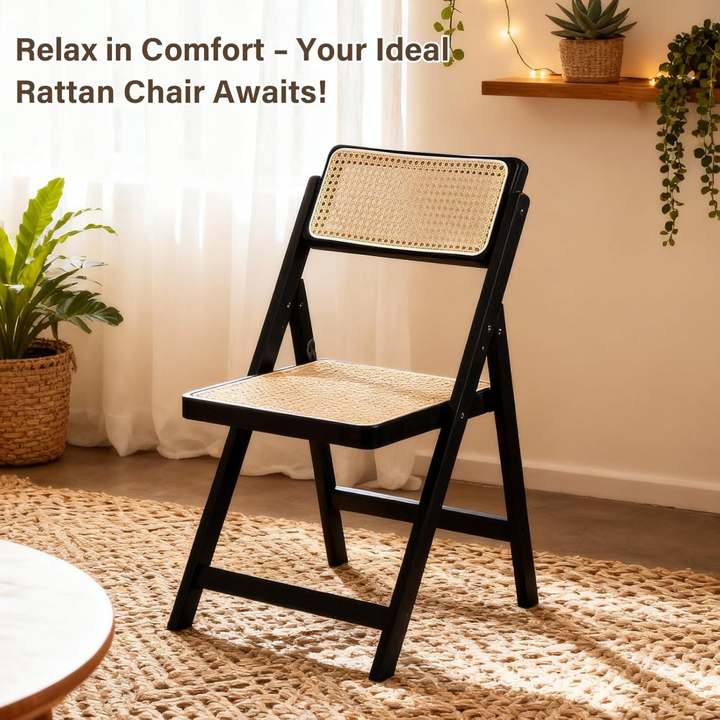 Furlide Rattan Folding Chairs, Modern Mid Century Dining Chairs Set of 2, Outdoor Bamboo Chairs for Bedroom Living Room Reading Room Dining Kitchen, Black