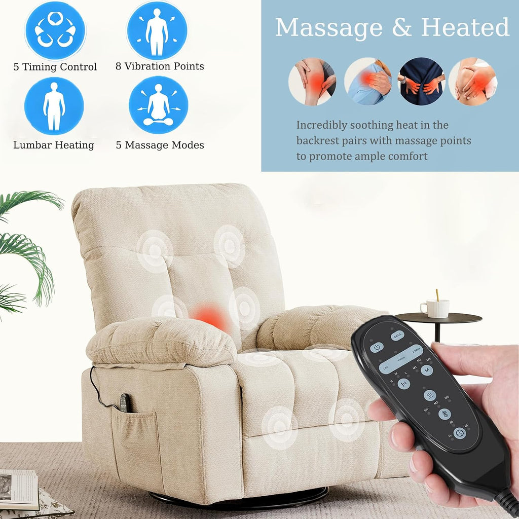 Rocker Swivel Recliner Chair for Adults, Single Reclining Sofa Chair with Heated and Full Body Massage, Lounge Recliner Glider for Small Living Room, Bedroom, Beige