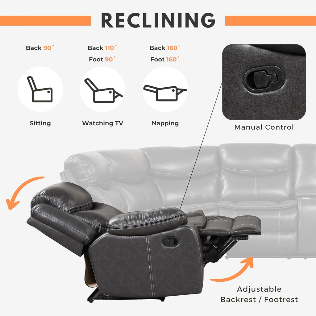 24/7 Shop at Home Amadeo Transitional Breathable Faux Leather L-Shaped Reclining Sofa with Storage Console and Cup Holder, Sectional Couches for Living Room, Home Theater, Playroom, Dark Gray