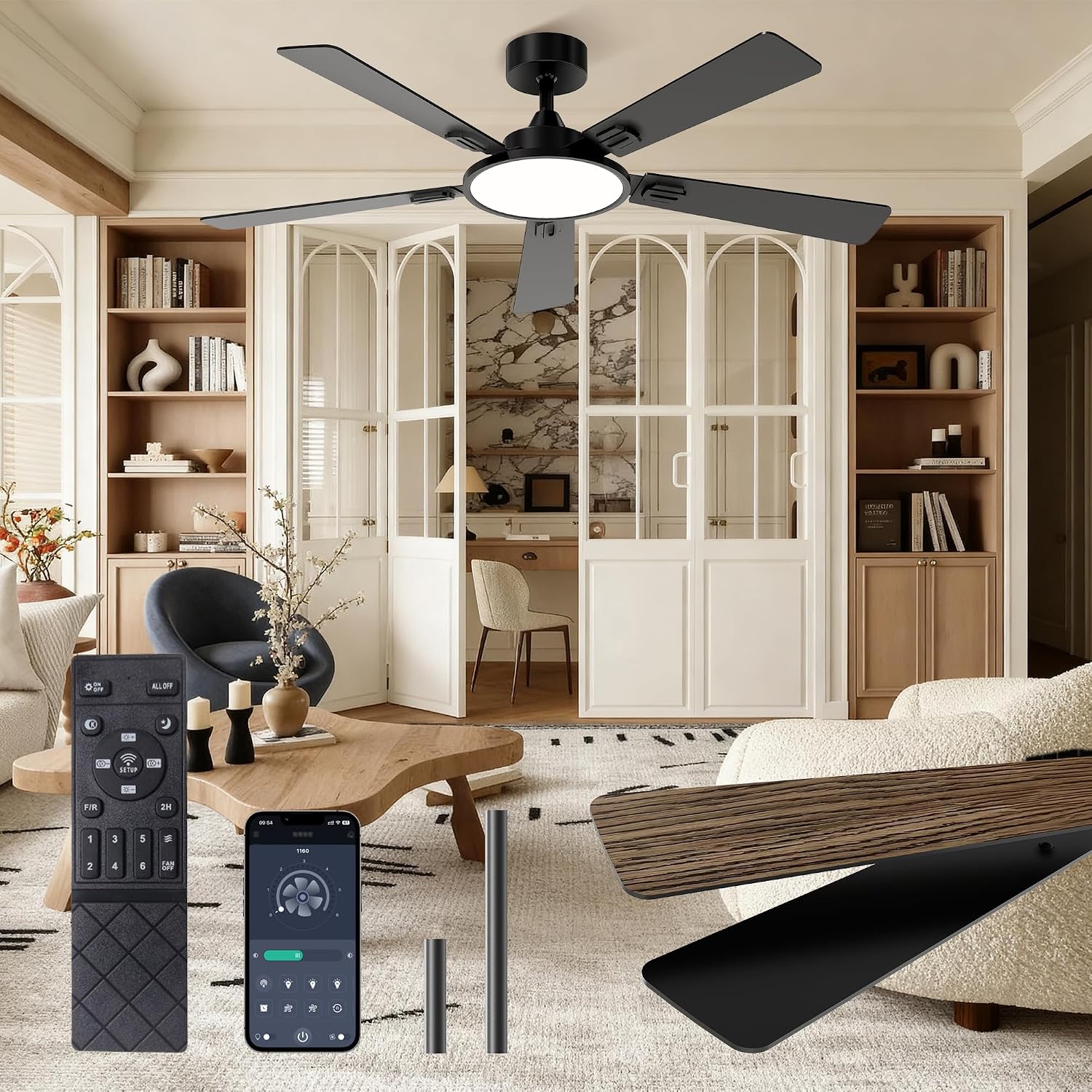 52 Inch Ceiling Fan with Light App&Remote Control Dual Finish Blades Flush Mount Dimmable LED Light Quiet Reversible Motor Black Ceiling Fan for Bedroom Living Room Apartment