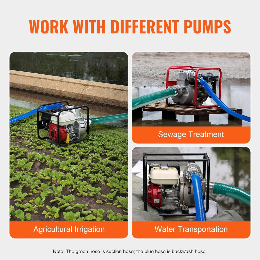 VEVOR Suction Hose Kit for Water Pump, with 2 in x 65 ft Blue Backwash Hose, 20 ft Green Suction Hose, and Steel Round Hole Strainer, Camlocks, Clamps, Cam & Groove Adapter, for Multiple Purposes