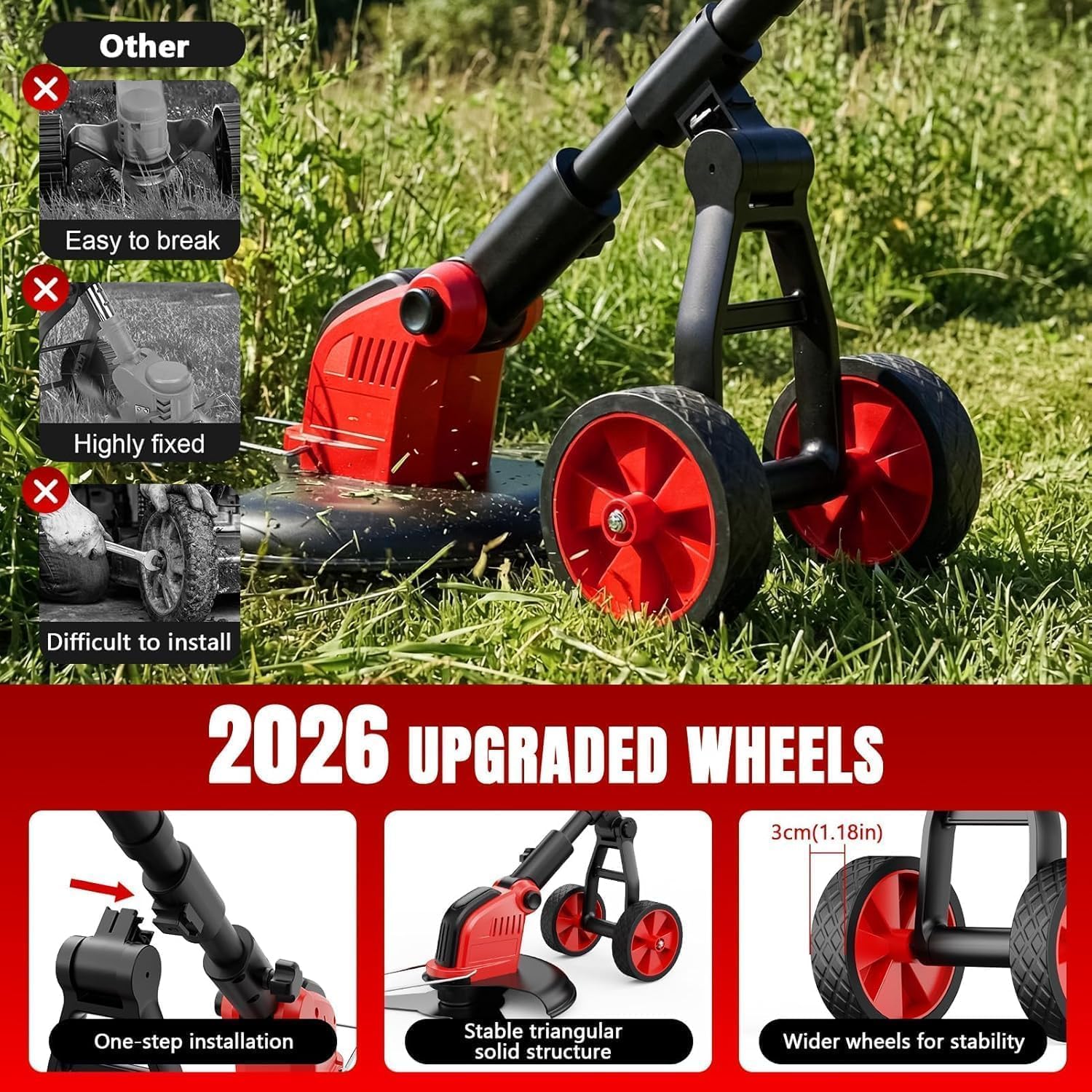 20000 RPM Electric Weed Wacker with Wheel,12″ Brushless Cordless Weed Eater Battery Powered,4-in-1 Brush Cutter/String Trimmer/Grass Edger/Tiller for Garden,Weed Trimmer,2 Battery (Black Red)