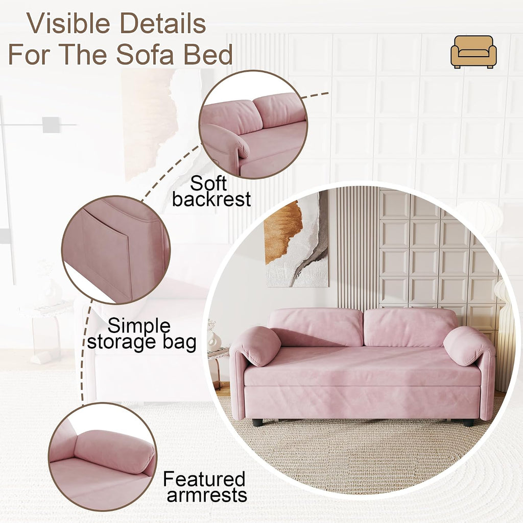 KEIKI 3 in 1 Full Pull Out Sofa Bed with Adjustable Backrest & Side Storage Pockets, Velvet Recliner Lounge Sofa for Small Living Spaces, Pink