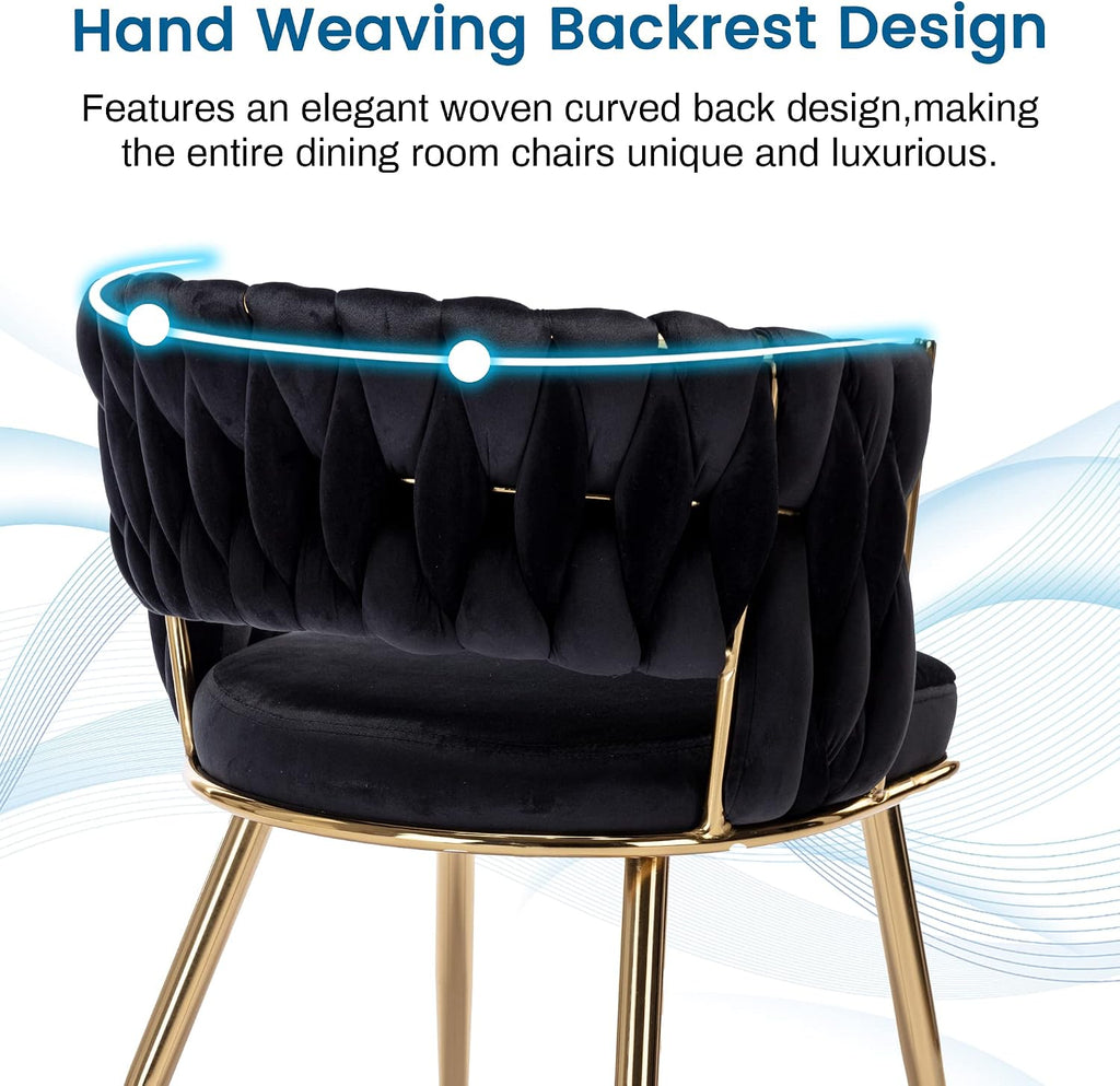 KCC Velvet Dining Chairs Set of 2, Gold Modern Dining Chair with Metal Legs, Woven Upholstered Dining Chairs for Dining Room, Kitchen, Vanity, Living Room (Black)