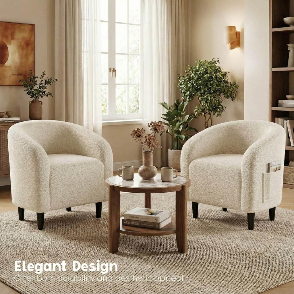 Modern Accent Barrel Chair, Comfy Teddy Fabric Club Armchair with Side Pocket, Easy Assembly Living Room Corner Chair for Bedroom, Office, Reception Space