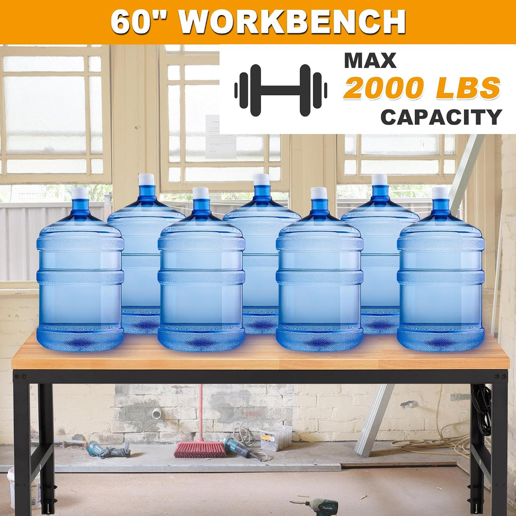 HABUTWAY Height Adjustable Workbench 60' 2000 Lbs Capacity Solid Wood Work Station Heavy-Duty Work Tables with Power Outlets for Garage Party Shop Office