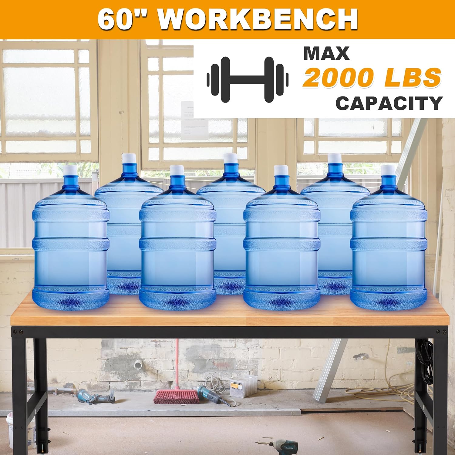 HABUTWAY Height Adjustable Workbench 60' 2000 Lbs Capacity Solid Wood Work Station Heavy-Duty Work Tables with Power Outlets for Garage Party Shop Office