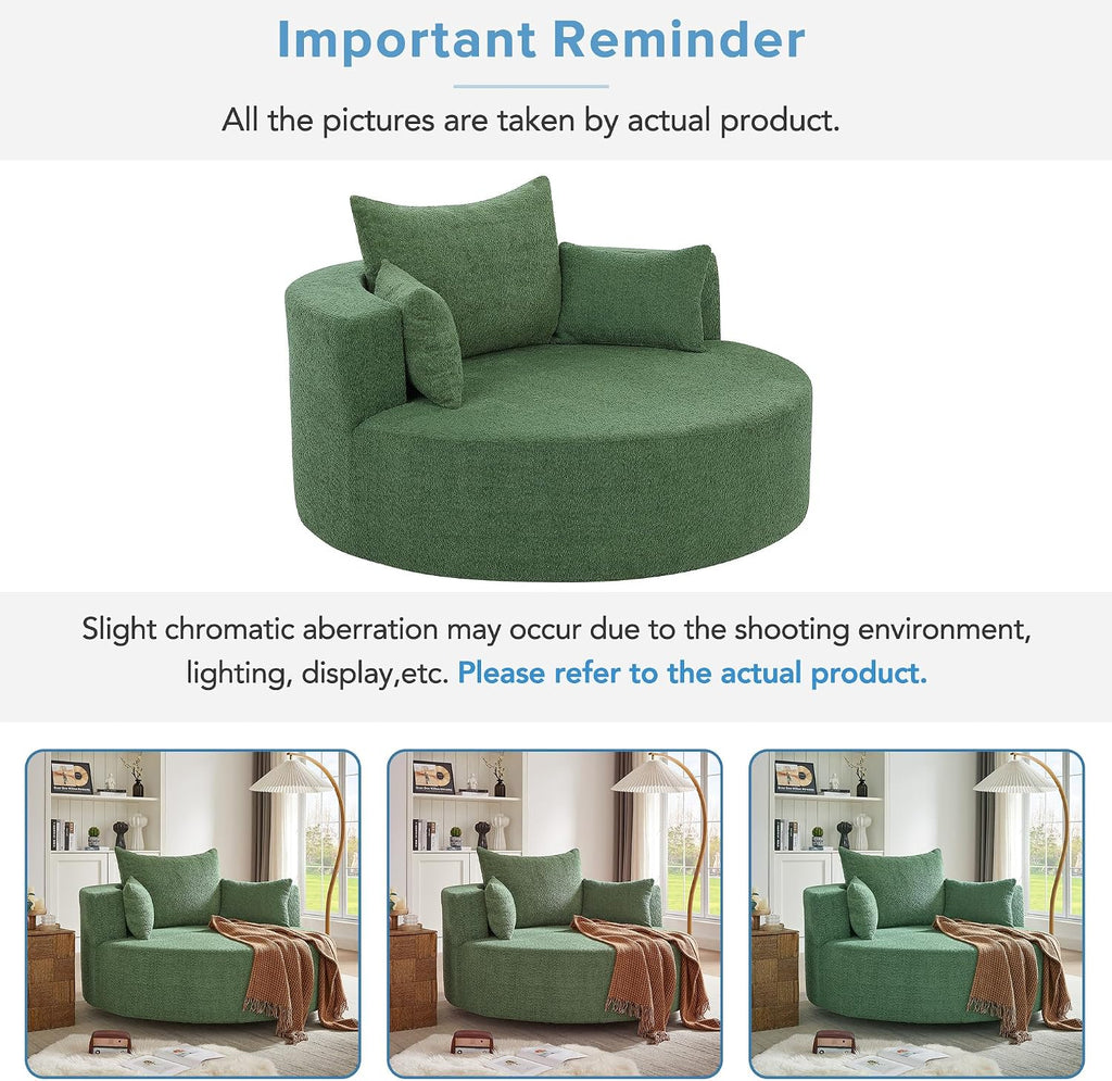 Merax 360° Swivel Chair, Chenille Fabric Accent Barrel Chair, Swivel Round Sofa Chair with 3 Removable Pillows for Living Room, Bedroom, Office and Hotel, Green