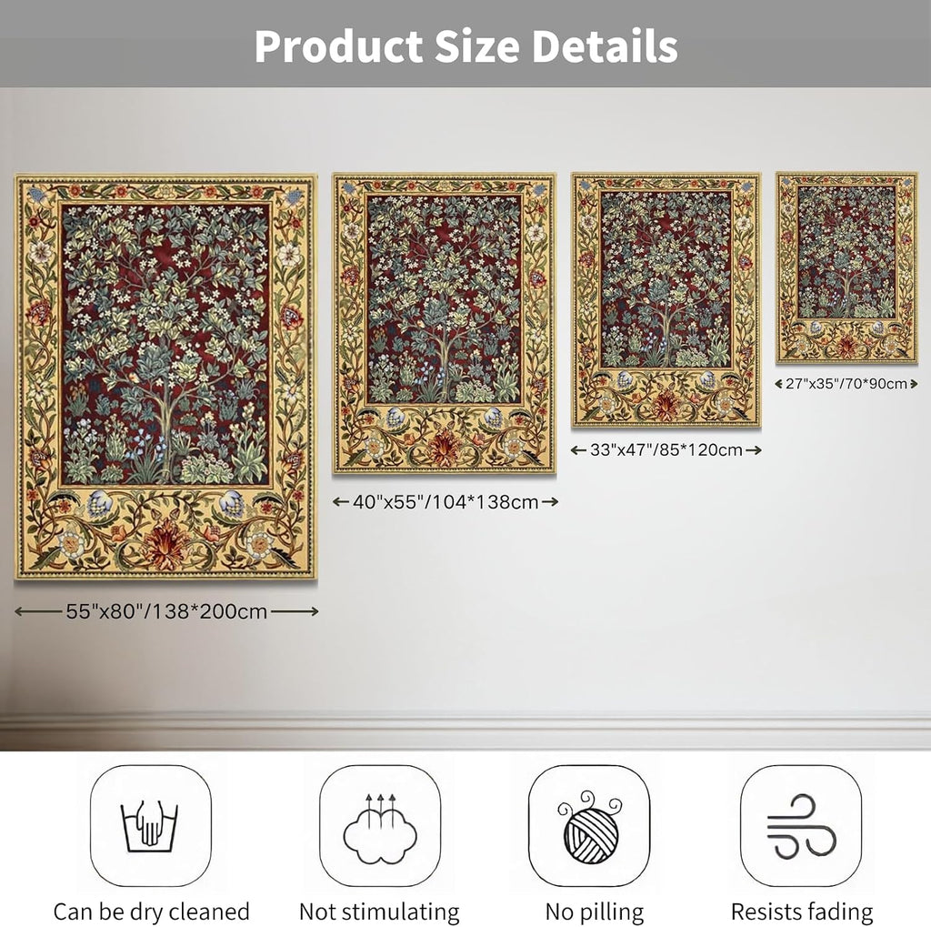 ORIMONY William Morris Tree of Life Tapestry Wall Hanging, Medieval Vintage Woven Jacquard Tapestry for Room Aesthetic (Retro, Red, 35L x 27W)