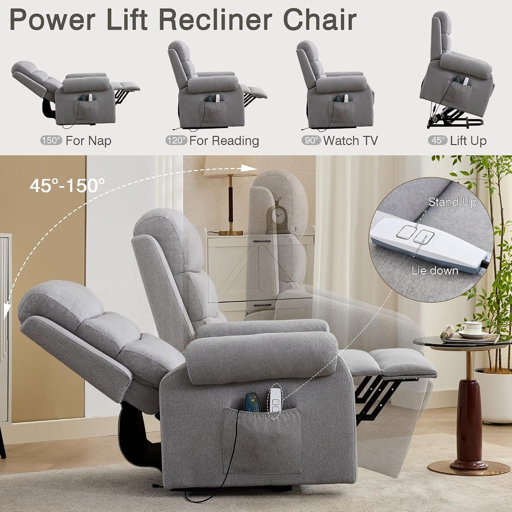 LOUVIXA Power Lift Recliner Chair Recliners for Elderly with Heat and Massage Recliner Chair for Living Room with Infinite Position and Side Pocket, USB Charge Port (Light Grey)