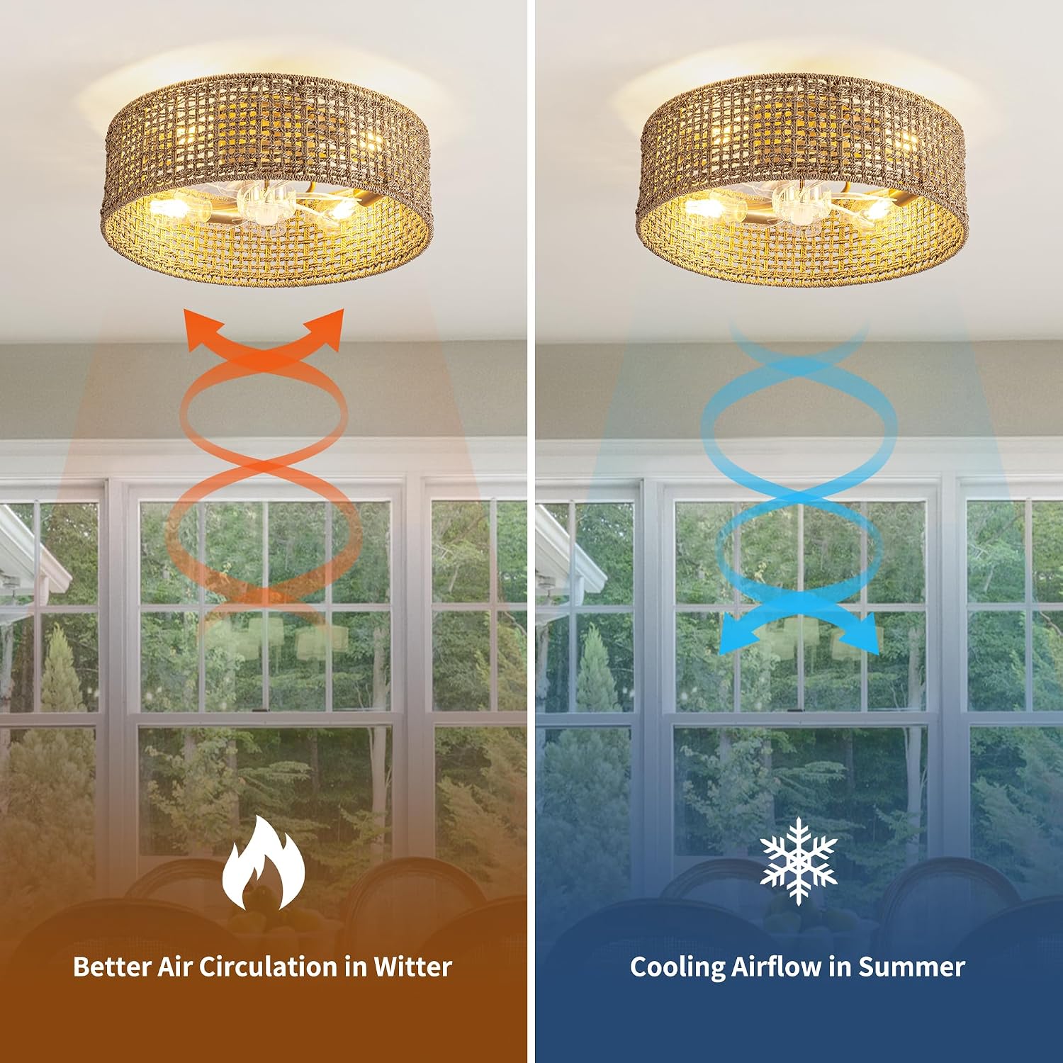 Fandelier Ceiling Fan with Light, 20 Inch Rattan Fans 。Remote Control ，Boho Caged，Handwoven，Flush Mount Low Profile 6 Speeds for Bedroom, Living Room,Dining Room.Yoga Room