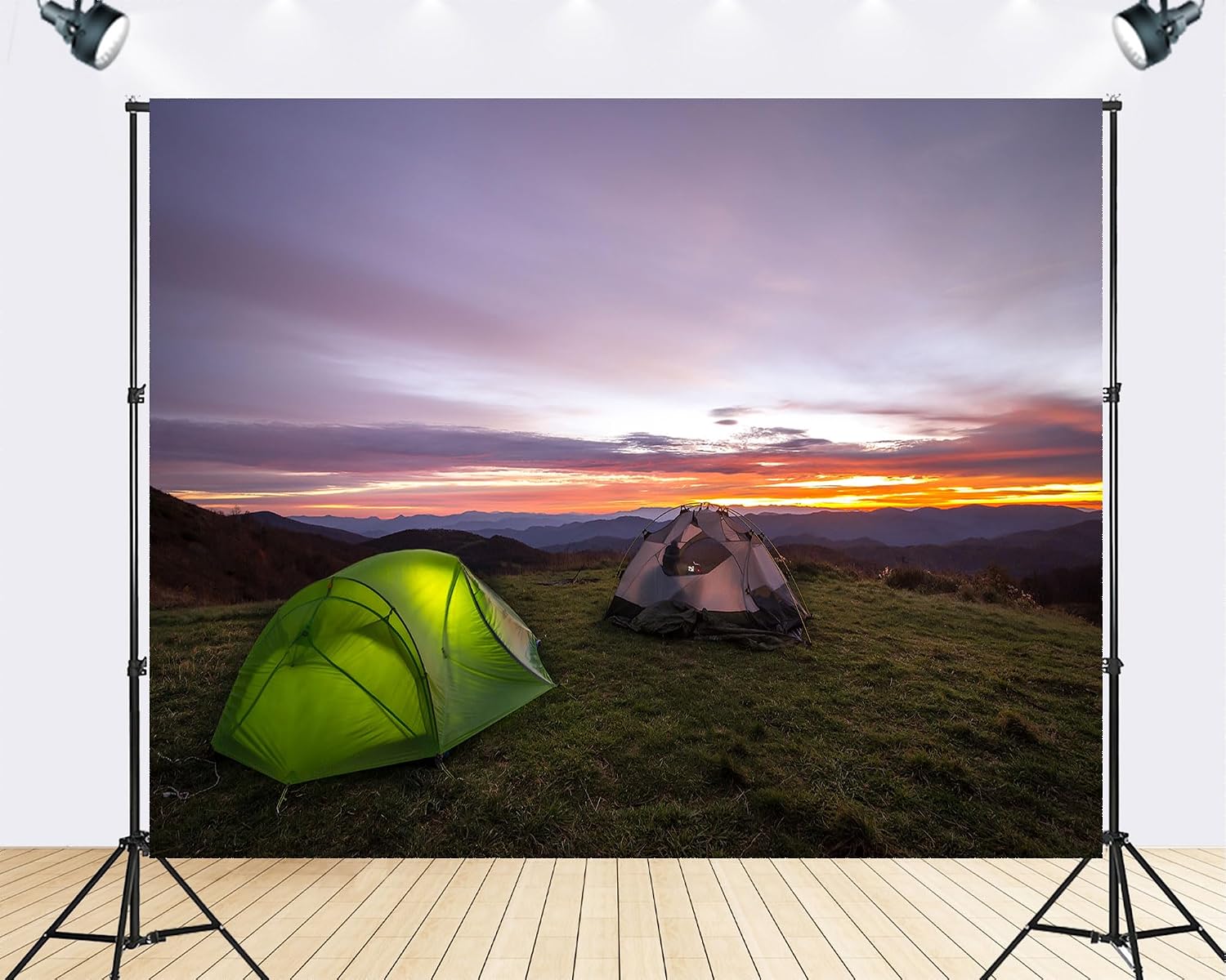 Trykid 20x10ft Green Tents Sunset Backdrop Mountain Camping Scenery Photography Background Outdoor Adventure Shoot Tapestry Party Decoration Photo Studio Prop Fabric