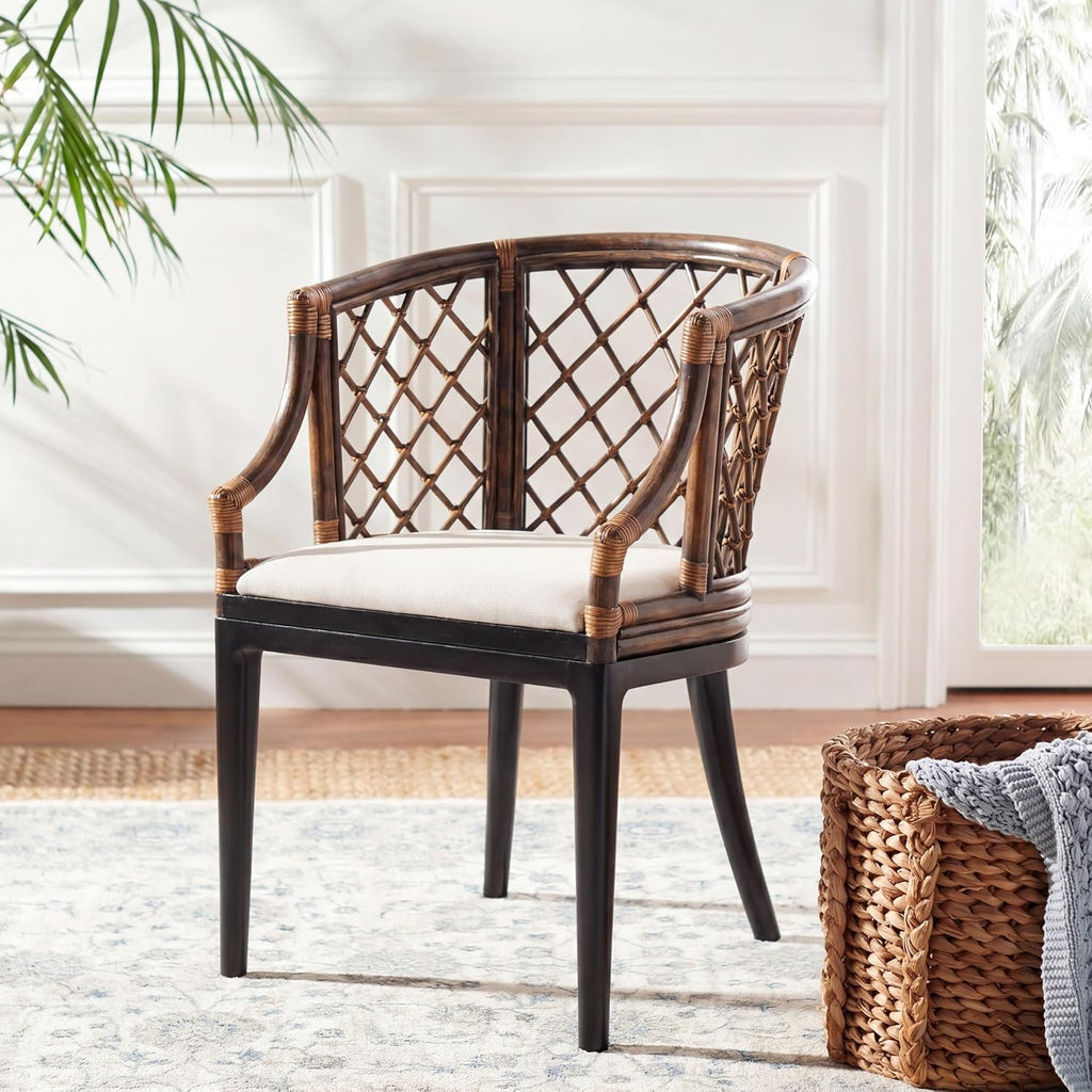 SAFAVIEH Furniture - Carlotta Rattan Arm Chair - Brown & Black - Solid Wood - Coastal Open-Arm Design - Ideal for Living Room, Sunroom, Bedroom (SEA4013C)