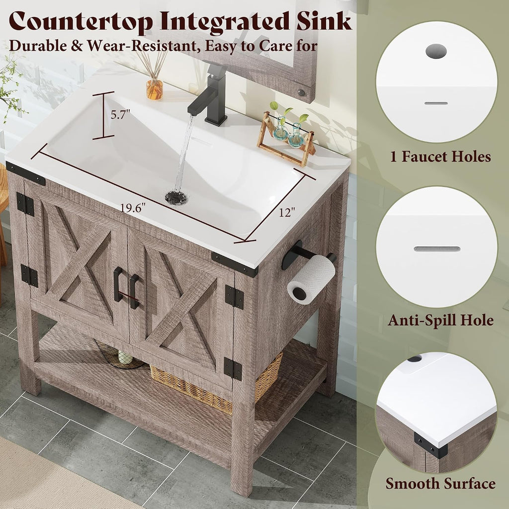 AMERLIFE 24' Farmhouse Bathroom Vanity with Sink Combo, Wood Barn Doors & Open Shelf, Freestanding Single Bathroom Storage Cabinet, Paper Towel Holder, Easy-Clean Countertop, Light Gray