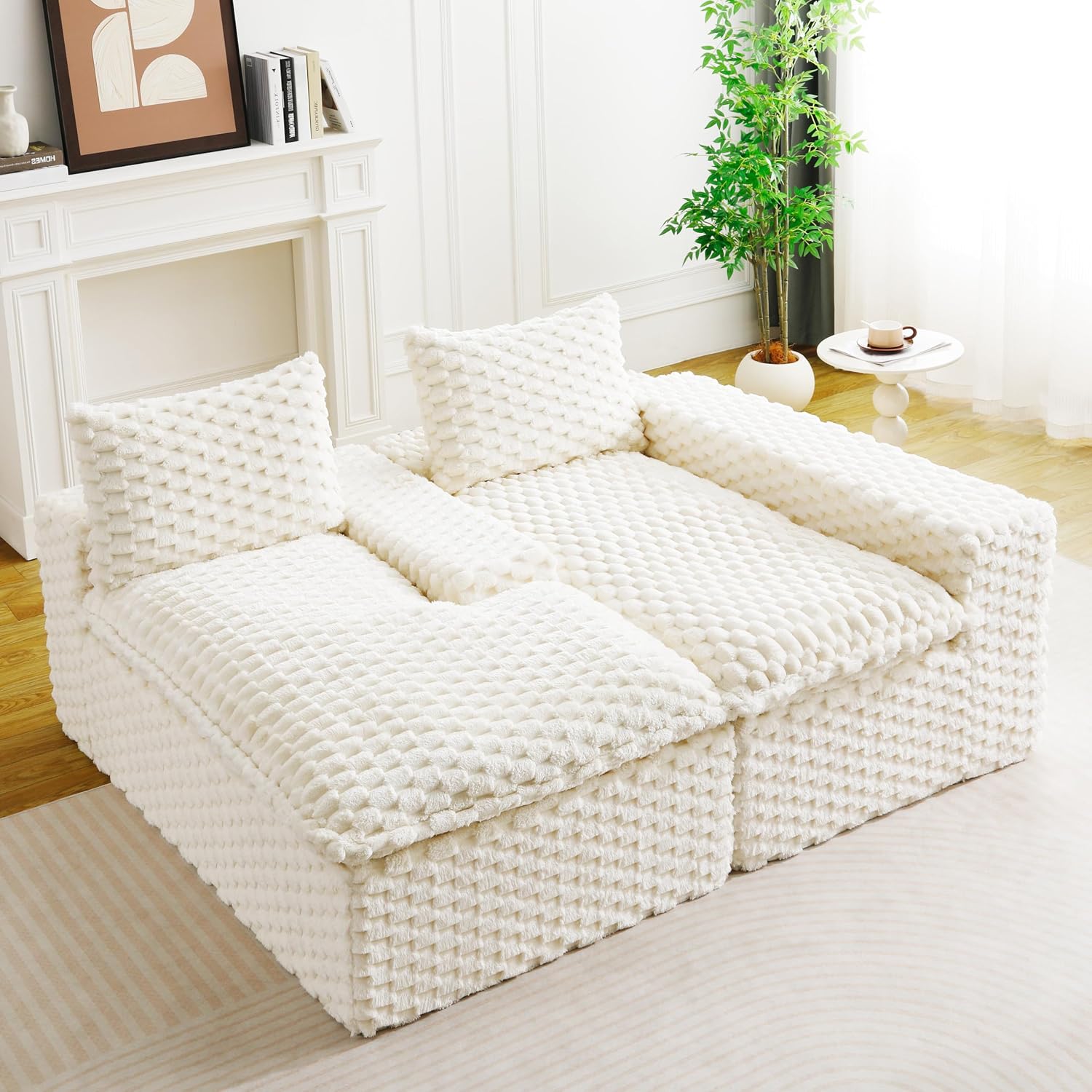 KEIKI 96' L-Shape Modular Boneless Couch with Chaise for Modern Home Bedroom Studio, Sectional Sofa Deep Seat Oversized Loveseat Convertible Bed for Apartment Furniture Lounge Relaxing Corner, White