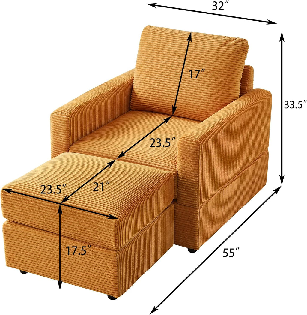 Ball & Cast 57' Classic Corduroy Chaise Lounge Chair,Comfy Sofa Chaise Couch Sleeper Chair,Upholstered Accent Chair W/Ottoman,Leisure Sofa Recliner Reading Chair for Living Room,Bedroom,Office,Yellow