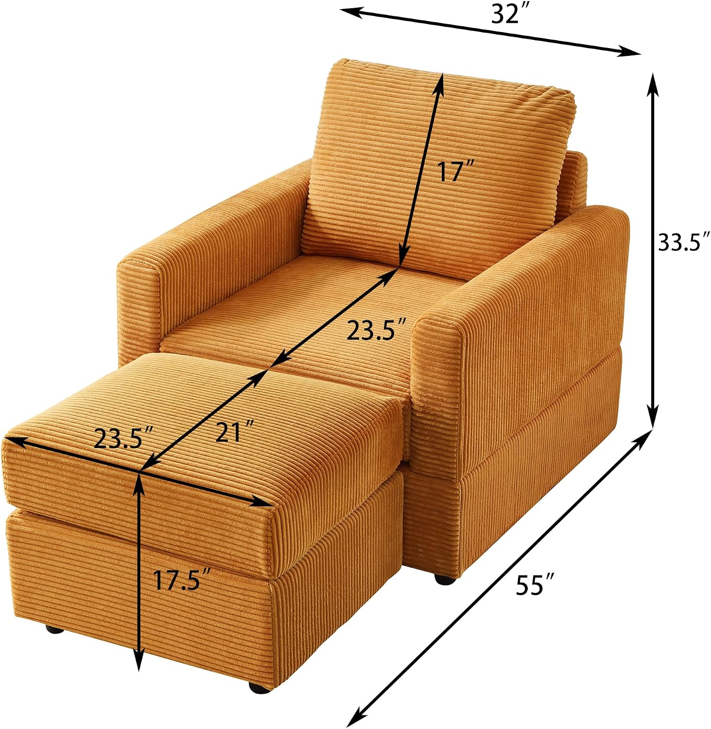 Ball & Cast 57' Classic Corduroy Chaise Lounge Chair,Comfy Sofa Chaise Couch Sleeper Chair,Upholstered Accent Chair W/Ottoman,Leisure Sofa Recliner Reading Chair for Living Room,Bedroom,Office,Yellow