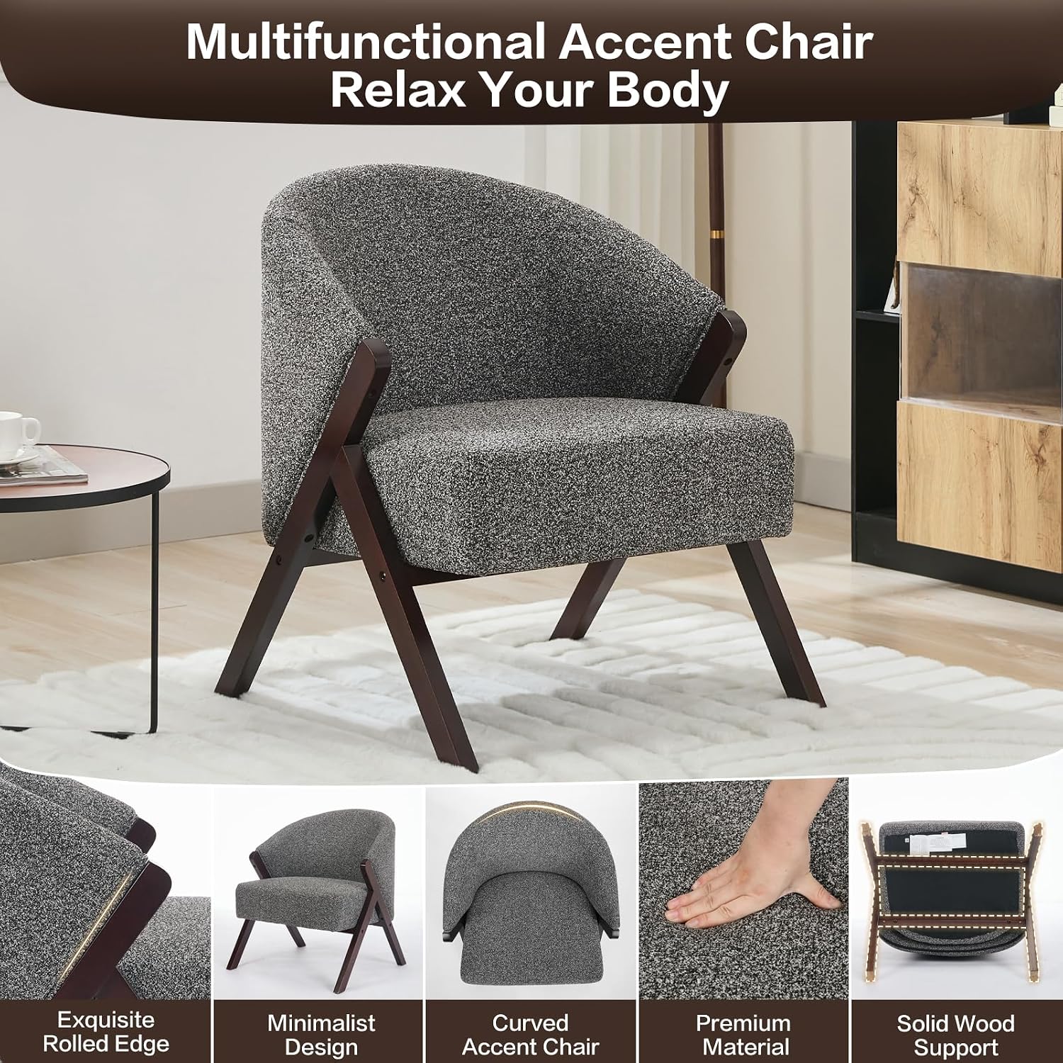 Garvee Accent Chair Mid Century Modern Chair Linen Fabric Living Room Chairs with Wood Frame Comfy Upholstered Reading Side Chair Easy Assembly for Bedroom