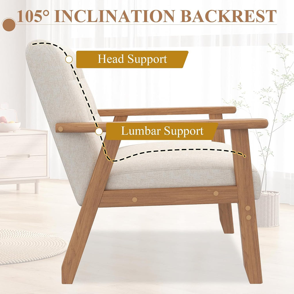 Westice Accent Chair Set of 2, Mid-Century Modern Living Room Chairs with Solid Wood Frame & Soft Thicken Cushion, Upholstered Arm Reading Chair for Bedroom, Balcony, Beige Linen Fabric & Natural Legs