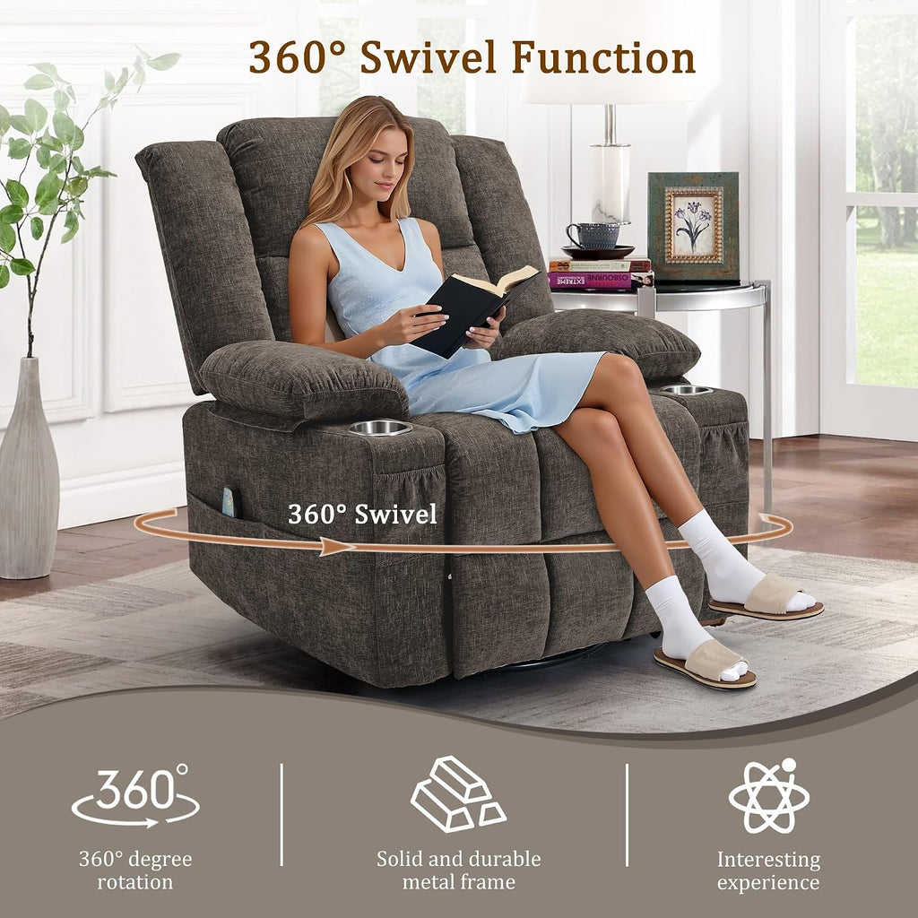 Korser Swivel Rocker Recliner, Nursery Glider Recliners for Adults with Massage & Heat, Rocking Chair with Cup Holder, Manual Recliner Chairs for Living Room, Bedroom (Brown)
