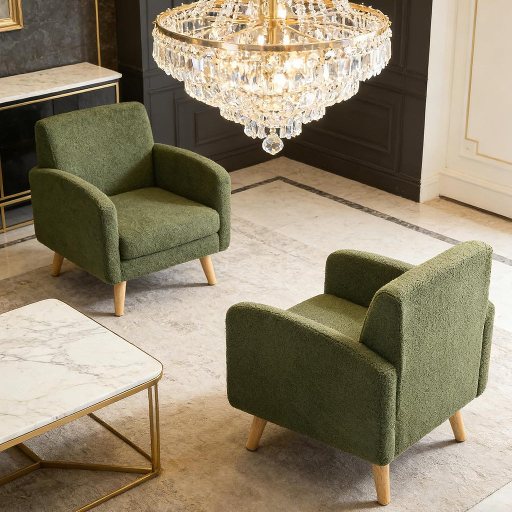 Accent Chairs for Living Room, Comfy Boucle Mid Century Modern Single Sofa Chair with Rubberwood Frame, Upholstered Reading Arm Chair for Bedroom, Club, Office Waiting Room (Green)