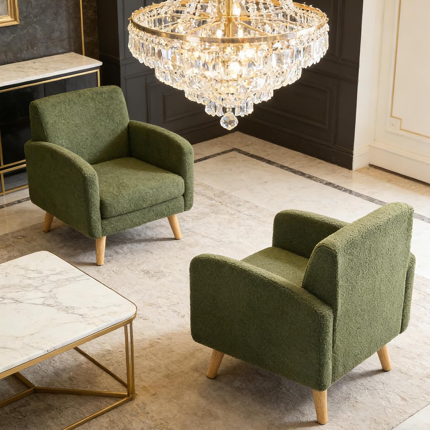 Accent Chairs for Living Room, Comfy Boucle Mid Century Modern Single Sofa Chair with Rubberwood Frame, Upholstered Reading Arm Chair for Bedroom, Club, Office Waiting Room (Green)