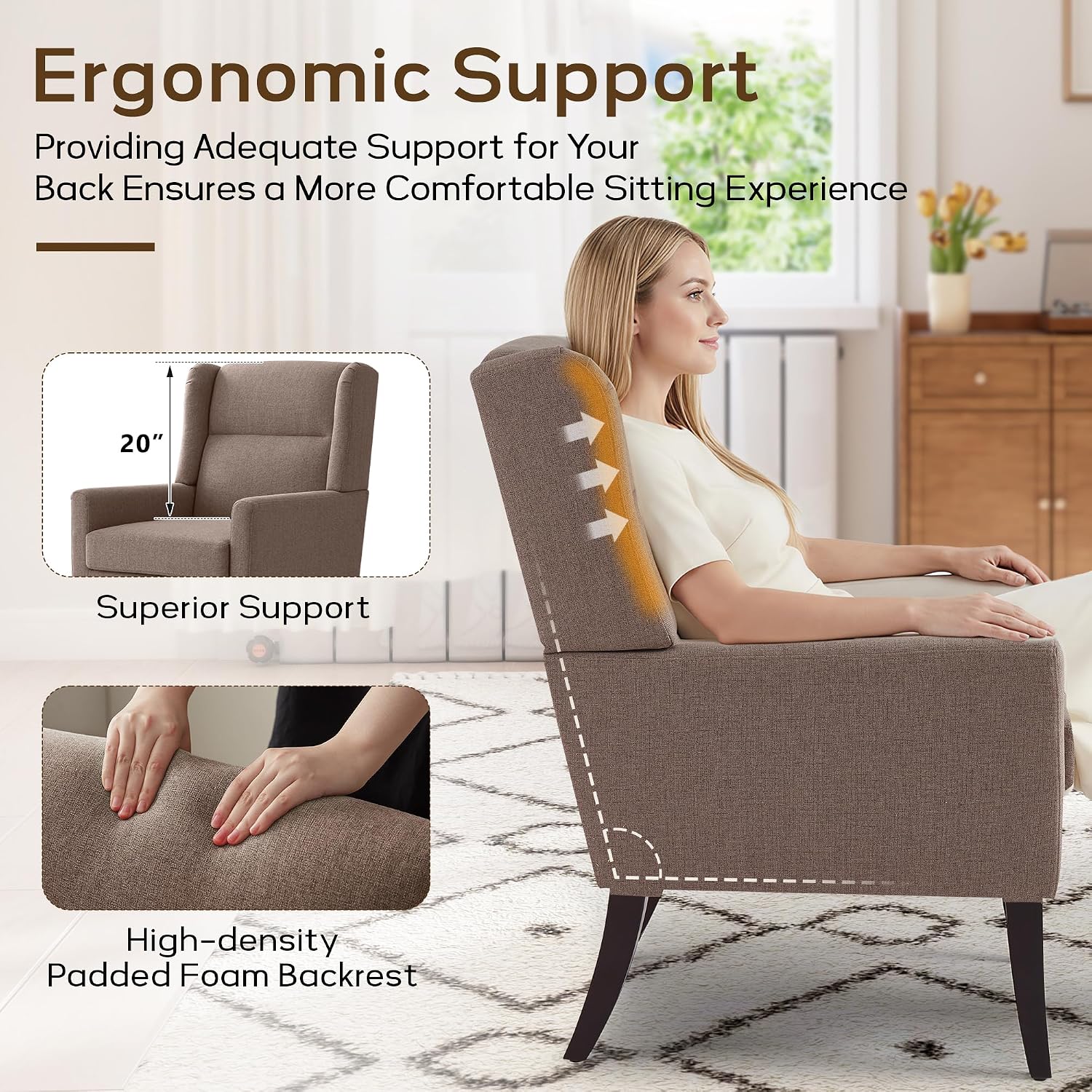 Zihanhome High Back Living Room Chairs,Accent Chairs Set of 4,Mid Century Modern Accent Chair, Comfy Reading Chair, Upholstered Armchair with Wooden Legs for Living Room, Bedroom, Apartment (4,Brown)