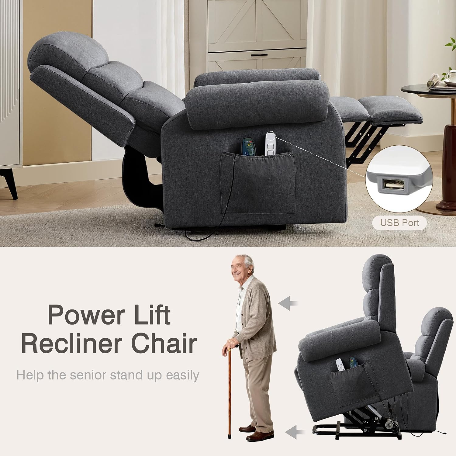 LOUVIXA Power Lift Recliner Chair Recliners for Elderly with Heat and Massage Recliner Chair for Living Room with Infinite Position and Side Pocket, USB Charge Port (Modern Grey)