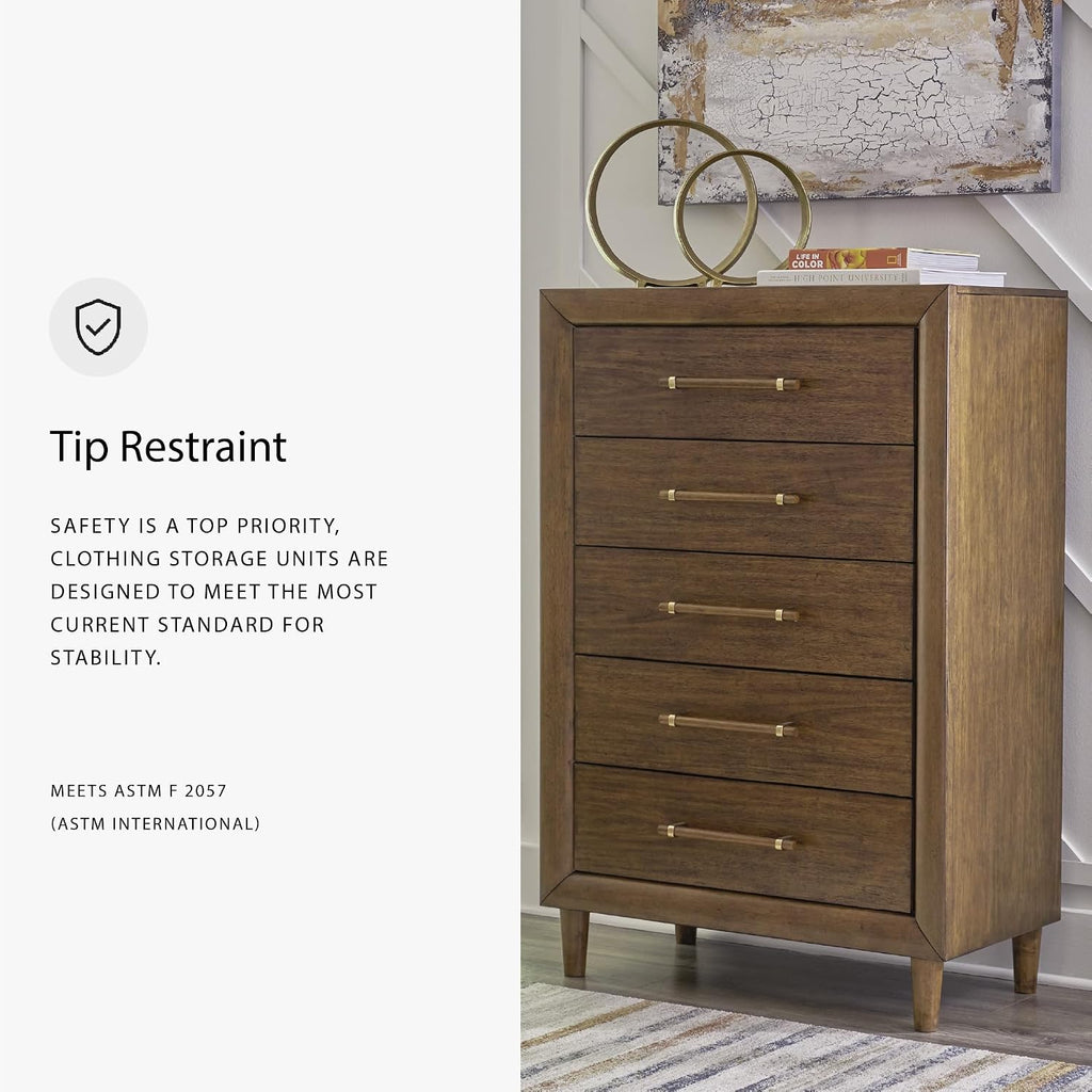 Signature Design by Ashley Lyncott Casual 5 Drawer Chest with Felt-Lined Top Drawer and Safety Stop for Bedroom, Dark Brown