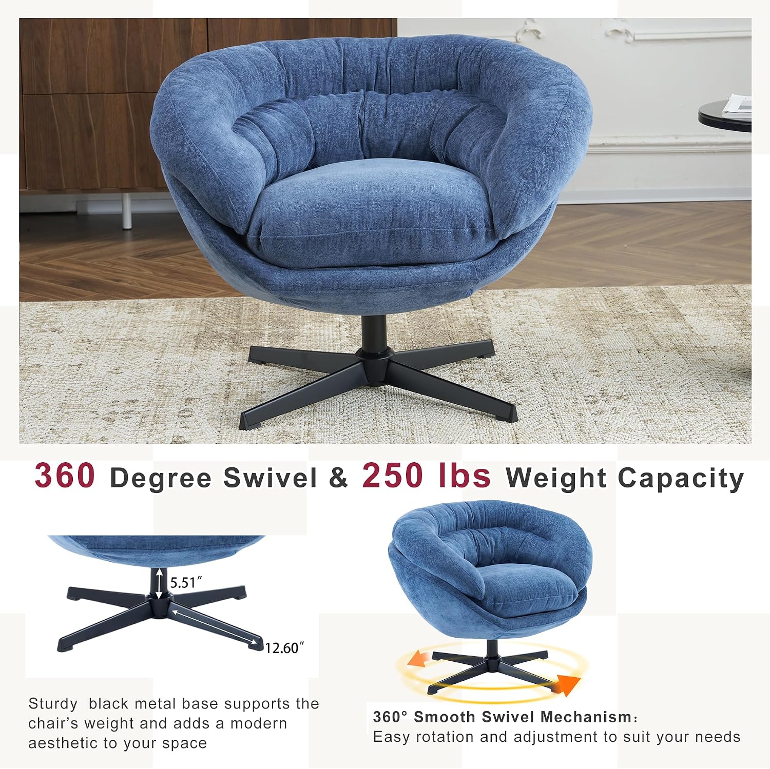 Christopher Knight Home 360° Swivel Club Chair,Chenille Upholstered Accent Chair with Removable Cushion, Round Office Chair with Black Metal Base,Navy Blue