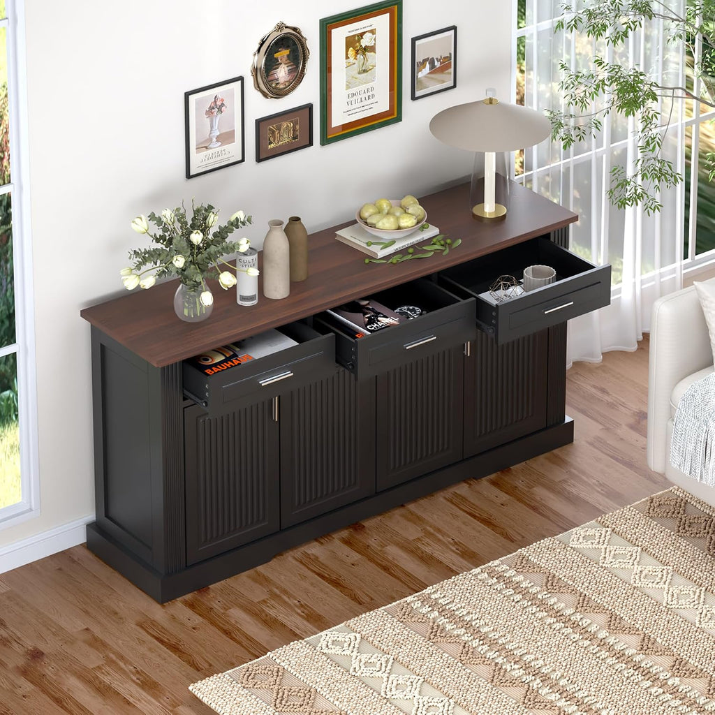 RiteSune Buffet Cabinet with Storage, 63' Modern Farmhouse Coffee Bar Cabinets with 3 Drawers and 4 Doors, Black Sideboard Buffet Cabinet, Wood Buffet Storage Table for Kitchen, Dining Room (Black)