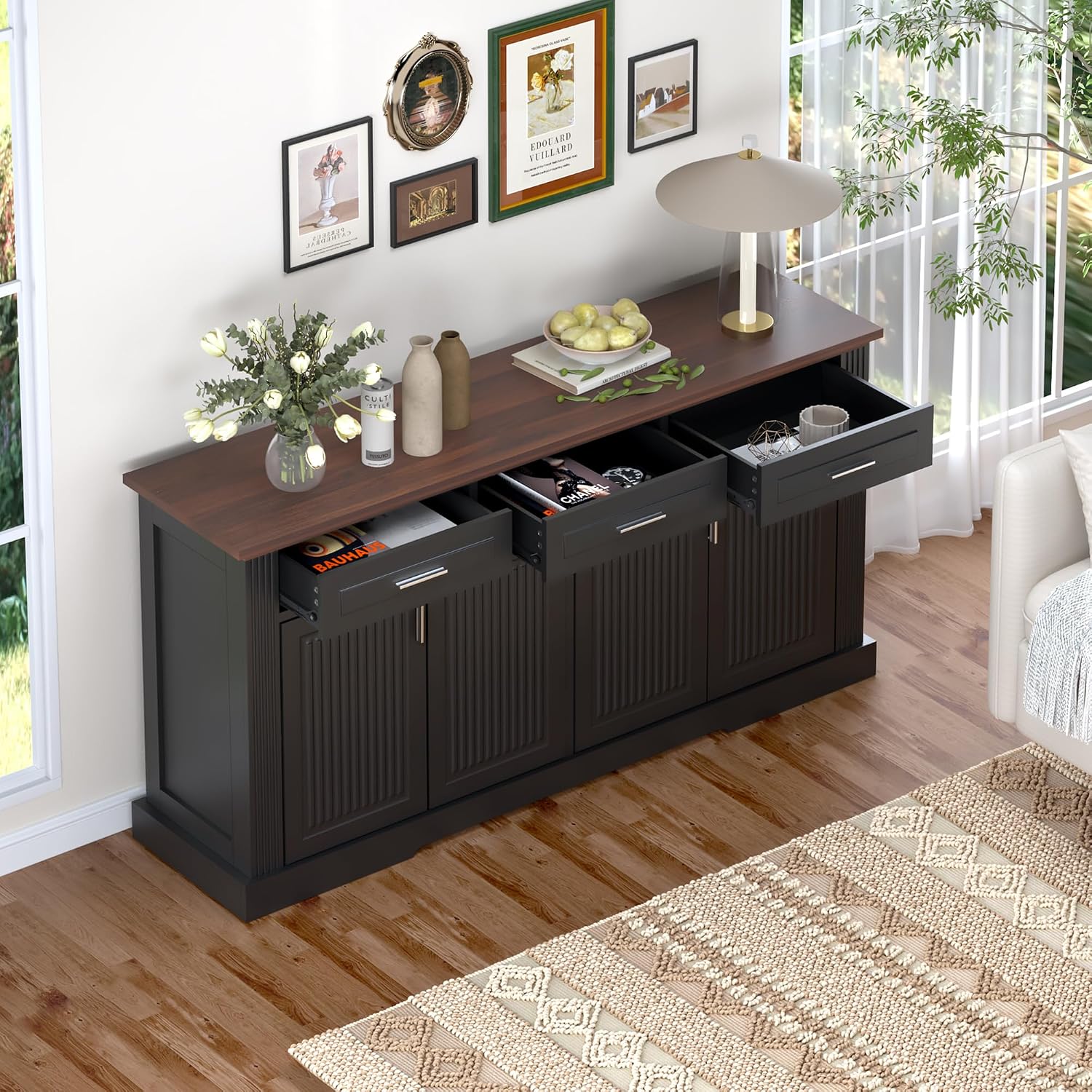 RiteSune Buffet Cabinet with Storage, 63' Modern Farmhouse Coffee Bar Cabinets with 3 Drawers and 4 Doors, Black Sideboard Buffet Cabinet, Wood Buffet Storage Table for Kitchen, Dining Room (Black)