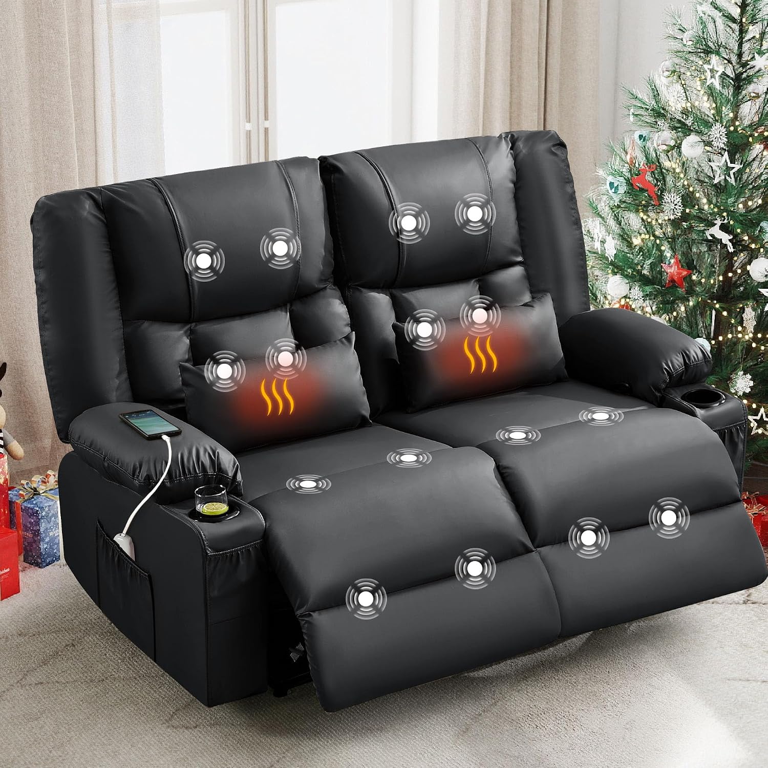 Black Leather Loveseat Recliner with Massage/Heat, Oversized Recliner Couch & Reclining Loveseat with Cup Holders/Pillow, Manual Reclining Sofa For Living Room/Rv/Home Theater Seating (Black)