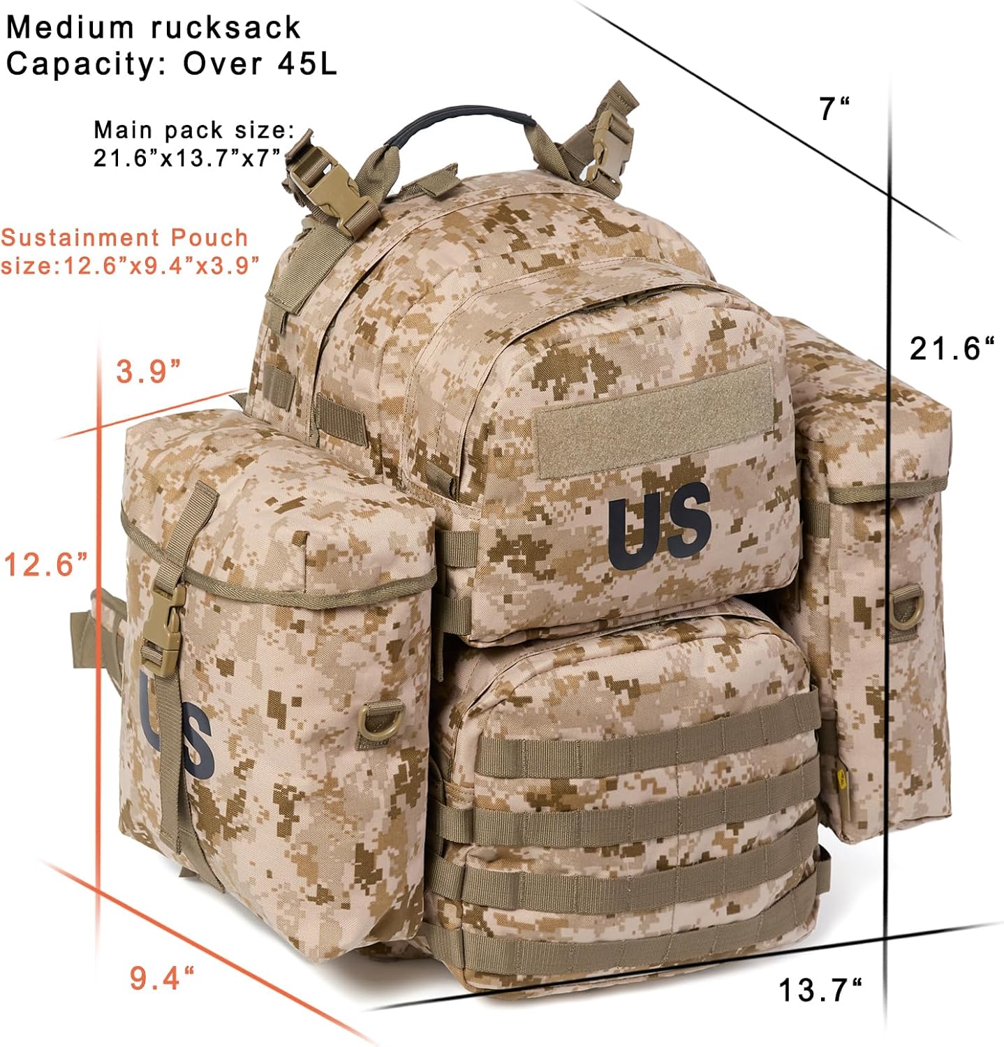 Akmax MOLLE II Medium Rucksack Military Tactical Backpack with Detachable Side Pouches & Upgraded Frame for Enhanced Comfort