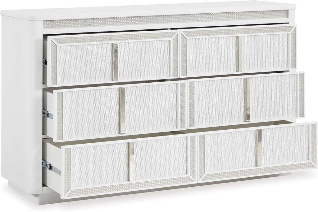 Signature Design by Ashley Chalanna Contemporary Dresser with 6 Drawers, Built-in LED Lighting, Rhinestone Details, Wood, White, 64' W x 20' D x 38.75' H