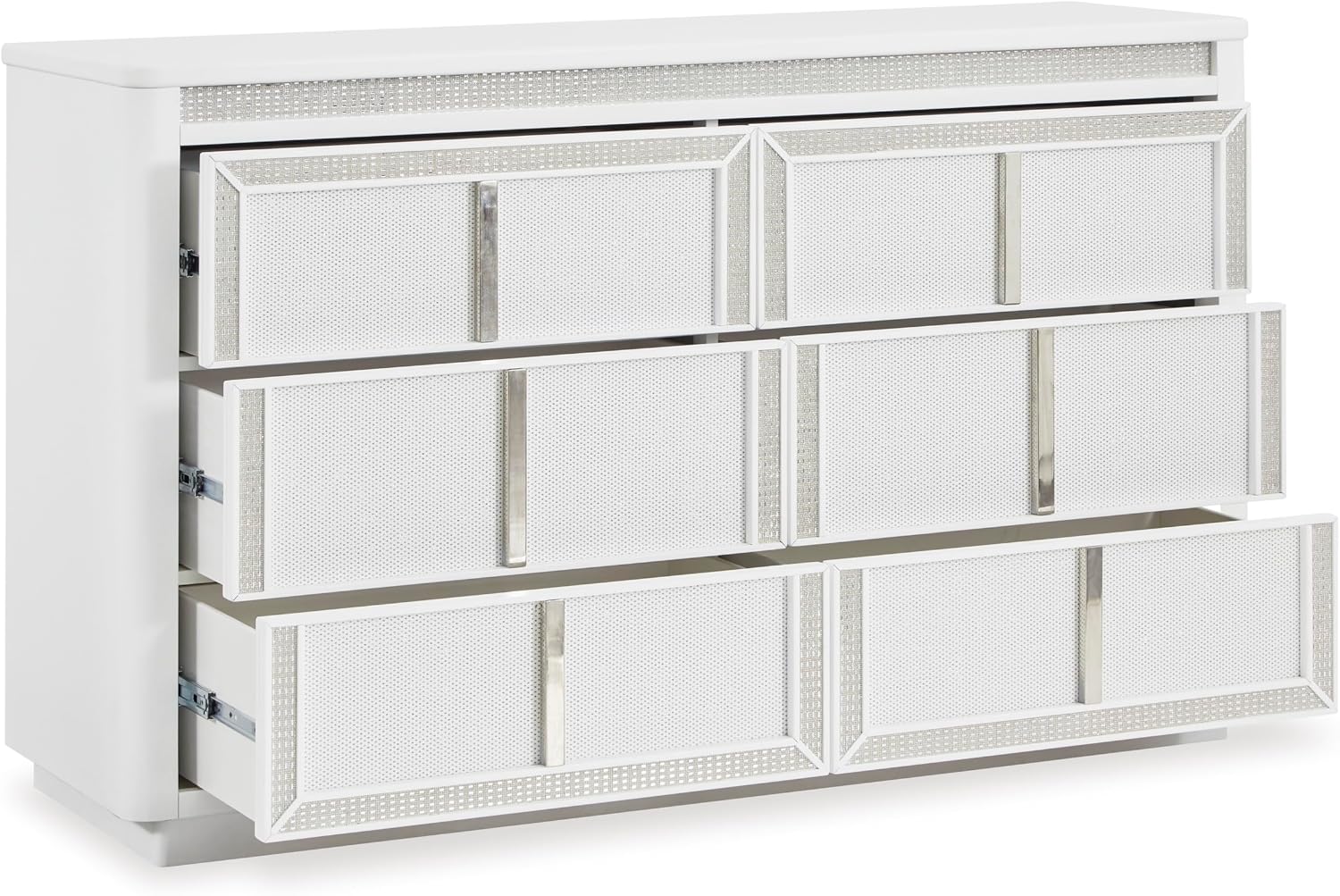 Signature Design by Ashley Chalanna Contemporary Dresser with 6 Drawers, Built-in LED Lighting, Rhinestone Details, Wood, White, 64' W x 20' D x 38.75' H