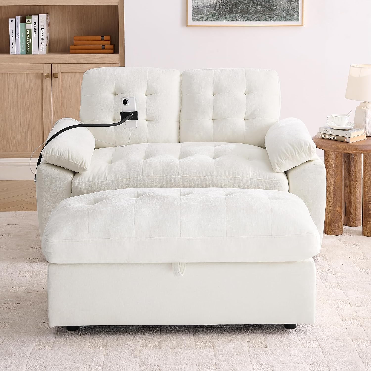 KEIKI 56' Oversized Chaise Lounge Chair Indoor with Storage Ottoman, USB Port &Phone Stand, Cloud Upholstered Chaise Lounge Recliner, Deep Seat Reading Couch Sofa Bed for Living Room Bedroom,Beige