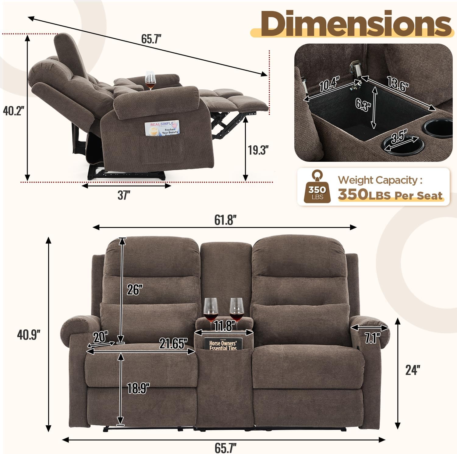 RV Loveseat Recliner with Console, Reclining Loveseat Sofa, Manual Home Theater Seating with Pockets/Cup Holders for Living Room/RV Furniture (Coffee Chenille)
