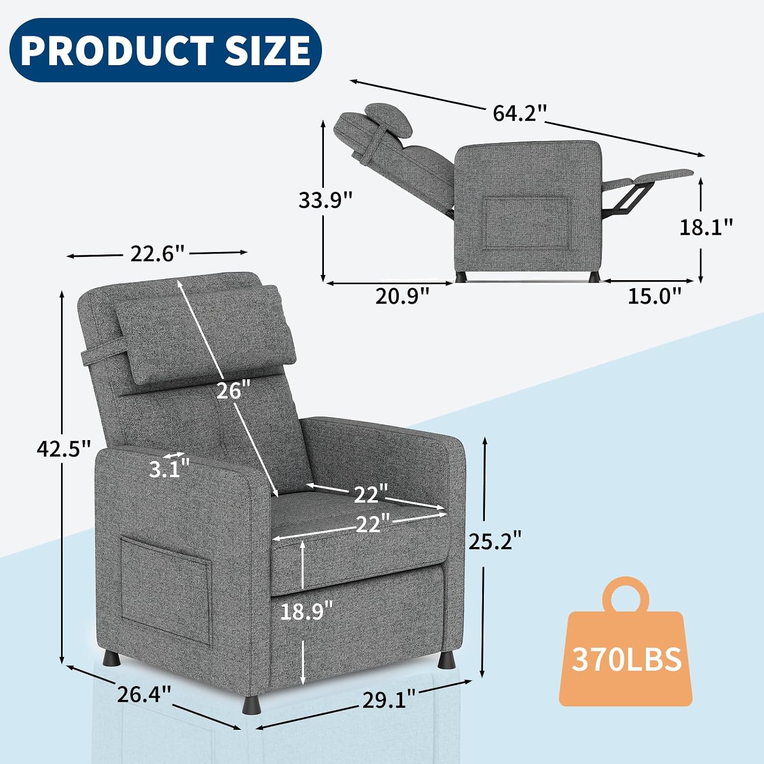 GarveeHome Electric Recliner Chair Living Room Chair Adjustable Power Recliner with Massage & Heat & Lumbar Support & Side Pockets & USB Port(Gray)