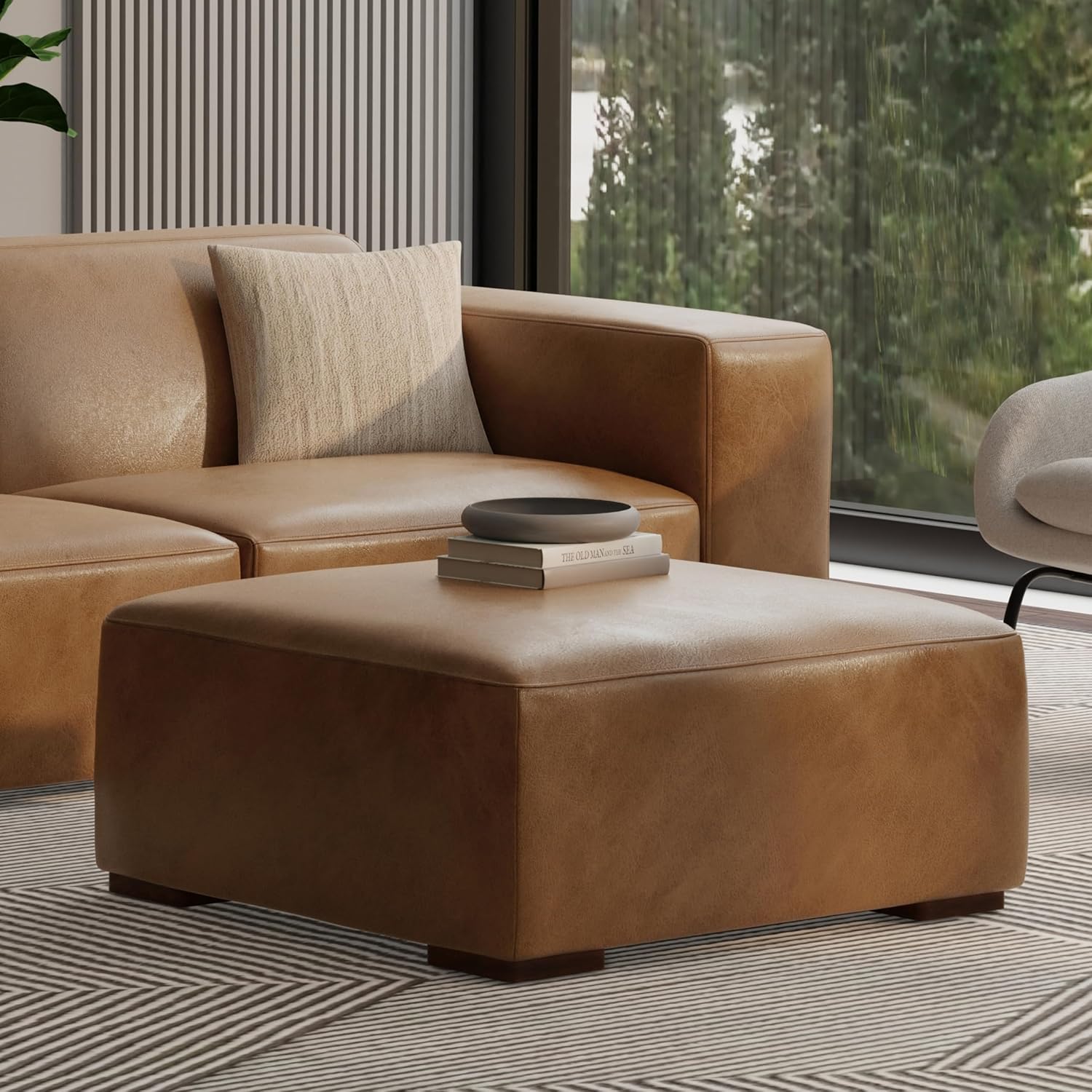 SIMPLIHOME Rex Ottoman - 34 inch Wide Upholstered Genuine Leather Square Ottoman in Caramel Brown, Modern Bench for Living Room or Bedroom with High-Density Cushion, Assembled