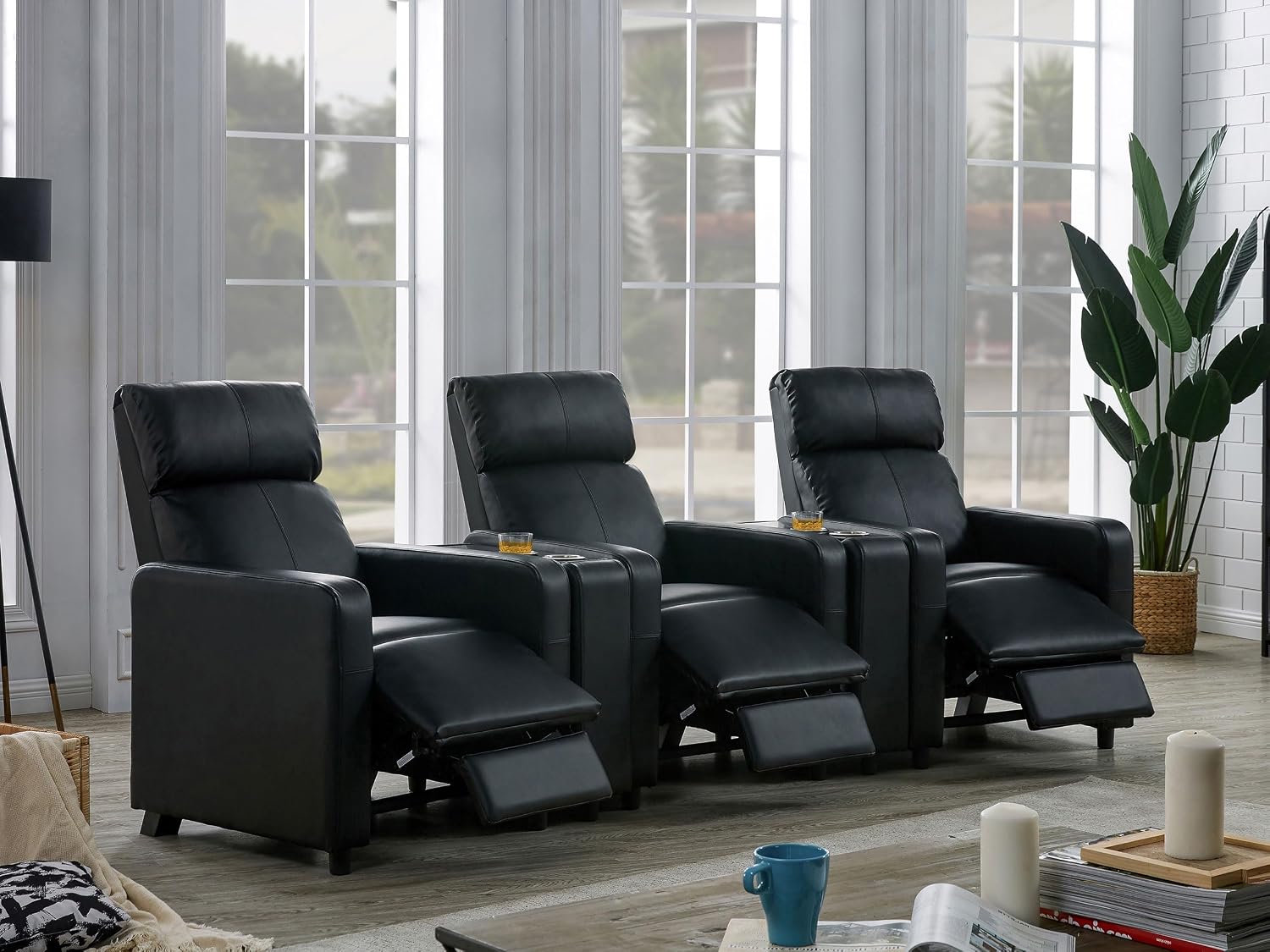 Coaster Home Furnishings - Toohey - Faux Leather - 5-piece Theater Seating with Consoles and Recliners with Tufted Backrests and Slim Track Armrests - Living Room, Home Theater - Black - 600181-S3A