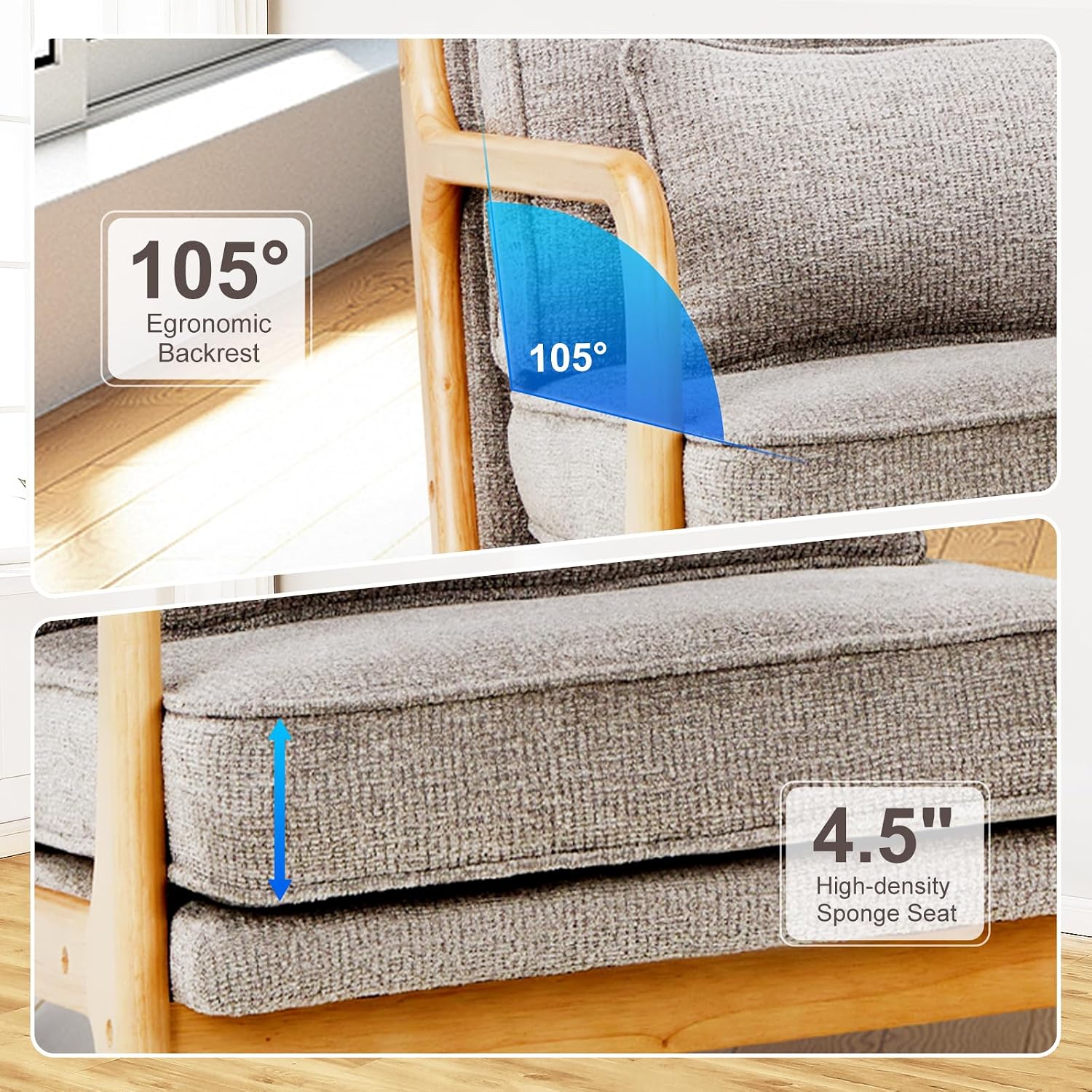 MALOL Mid-Century Accent Chair Set of 2 with Solid Wood Frame, Reading Relaxing Armchair Lumbar Pillow&Soft Cushion, Leisure Chair for Living Room, Bedroom, Waiting Room-Grey