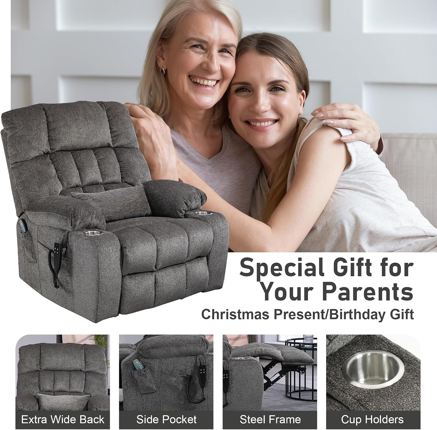 Oversized Power Recliner Chair for Big and Tall 400 LBS, 25.5' Extra Wide Electric Lift Chair with Heat and Massage, Dual Motor 180° Lay Flat Recliner Living Room Sofa, Chenille Big Lift Chair