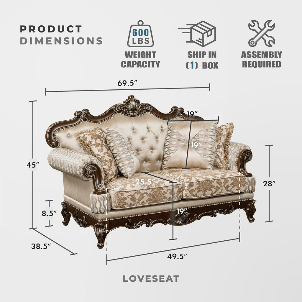 Lexicon Traditional Sofa Couch for Living Room, Rolled Arm Sofa with 4 Accent Pillows, Tufting, Queen Legs in Cherry Finish with Gold Tipping, Upholstered Living Room Furniture, 2 Seater Couch, Brown
