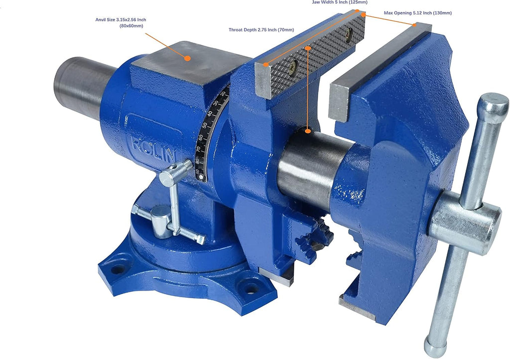 Rolin Vise 5 Inch Multi-Function Vises With Anvil Blue Bench Vise Heavy Duty Tools 360 Degree Swivel Base