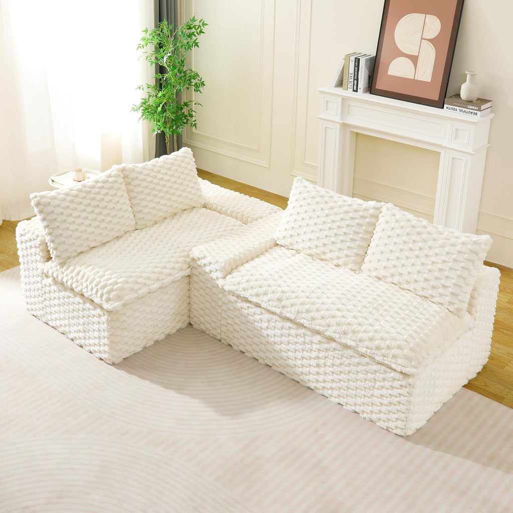 KEIKI 120' Modular Boneless Couch Full Chaise for Bedroom, 4-Seater Sectional Couches for Living Room Furniture, Deep Seat Deep Soft Sofa Bed for Living Room Corner Pet Friendly, White