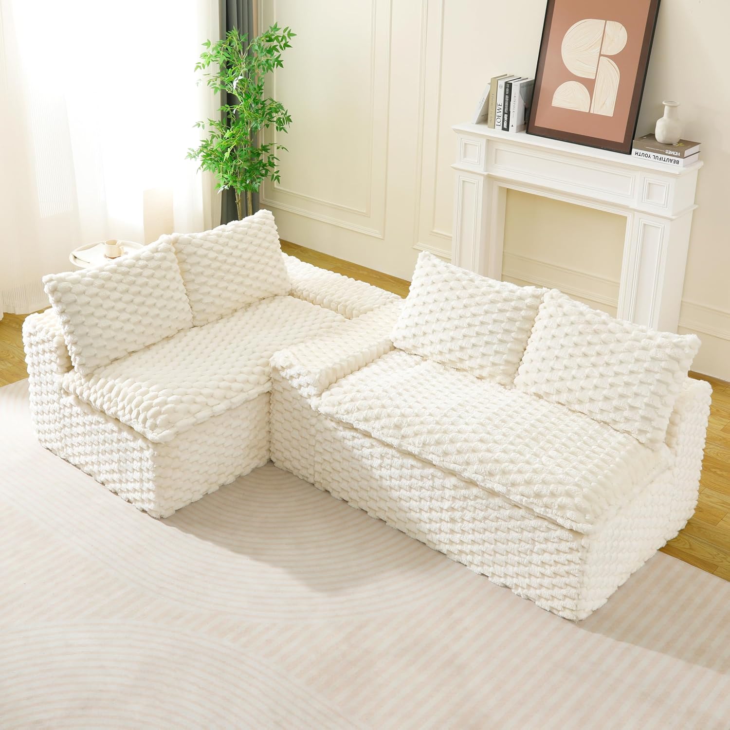 KEIKI 120' Modular Boneless Couch Full Chaise for Bedroom, 4-Seater Sectional Couches for Living Room Furniture, Deep Seat Deep Soft Sofa Bed for Living Room Corner Pet Friendly, White