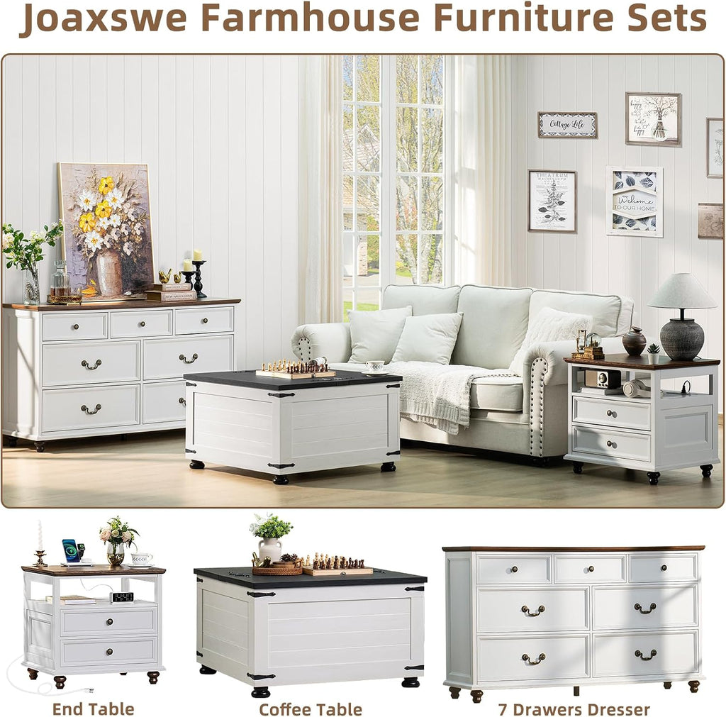 Joaxswe Farmhouse Coffee Table with Hidden Storage, Square Large Center Table for Living Room, Vintage Cocktail Tables with Flip-Top Lids, Farm House Tables with Wood Gourd Feet, Antique White & Black